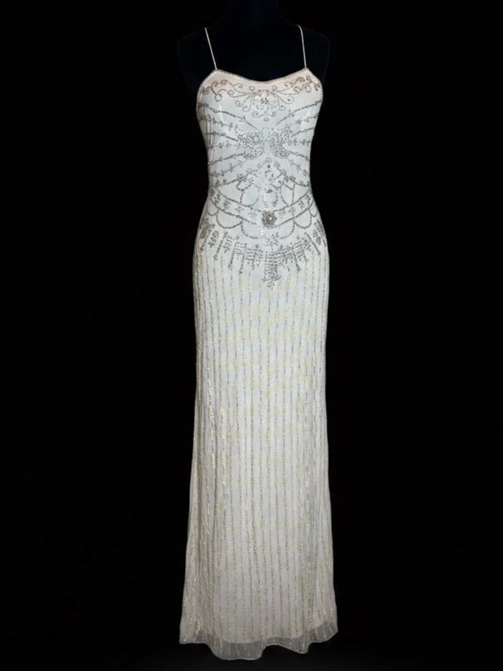 Elegant Ivory hand Beaded Dress with Delicate Spaghetti Straps and‎ rhinestones.